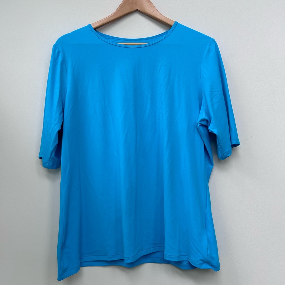 Lands end Women's SunShade UPF 50 Elbow Sleeve Rash Guard Swim Tee bright blue